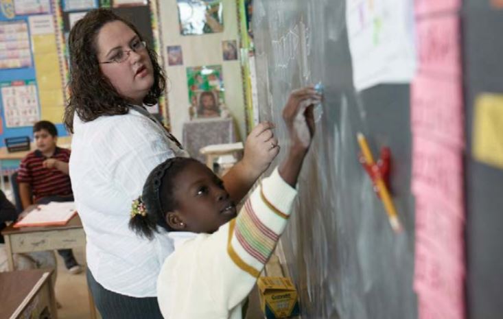 Photo of Gaymes San Vincente teaching her young students.