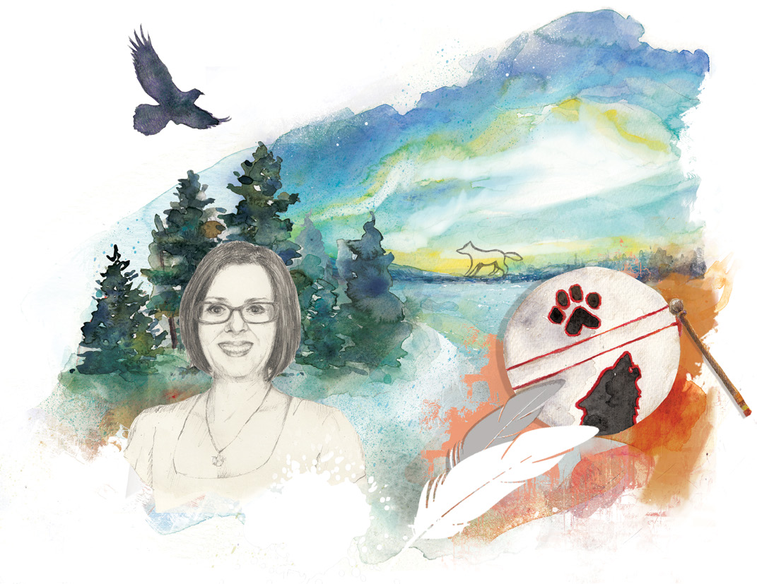 An illustrated image for 'Distance Learning.' The illustration is a abstract of wilderness as well as teacher Diane Yalowica, Ontario Certified Teacher.
