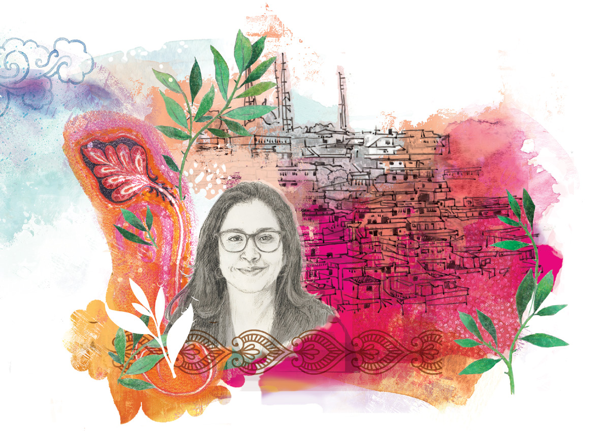 An illustrated image for 'Taking Home a more Holistic View.' The illustration is an abstract of a town and flowers as well as teacher Melissa Fernandes, Ontario Certified Teacher.
