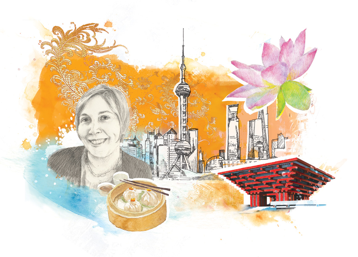 An illustrated image for 'Building Intercultural Competence.' The illustration is an abstract of asian cultures and teacher Natalie Pitre, Ontario Certified Teacher.