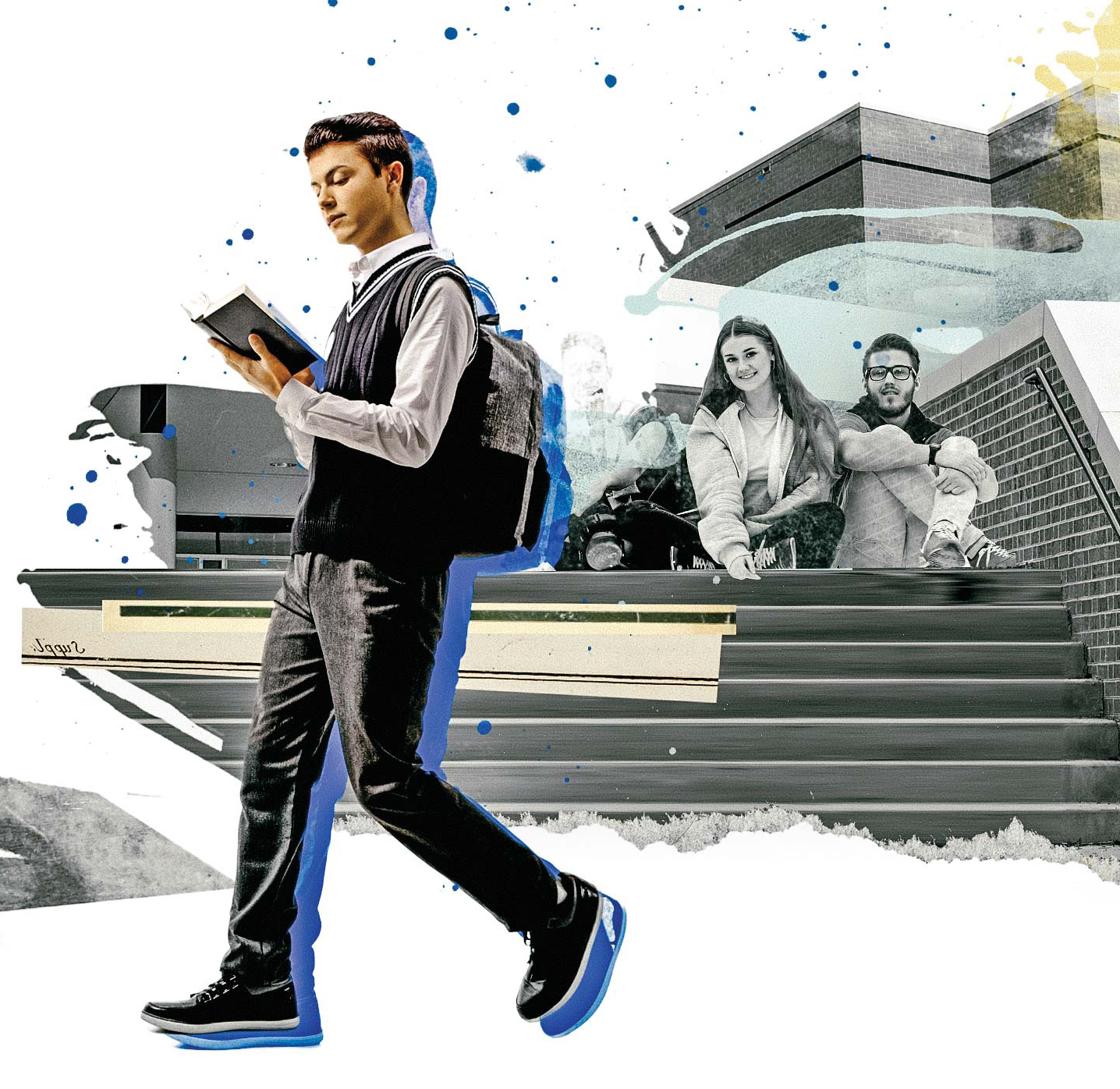 An illustration of adolescent students sitting outside a school. One student walks by, reading a book.