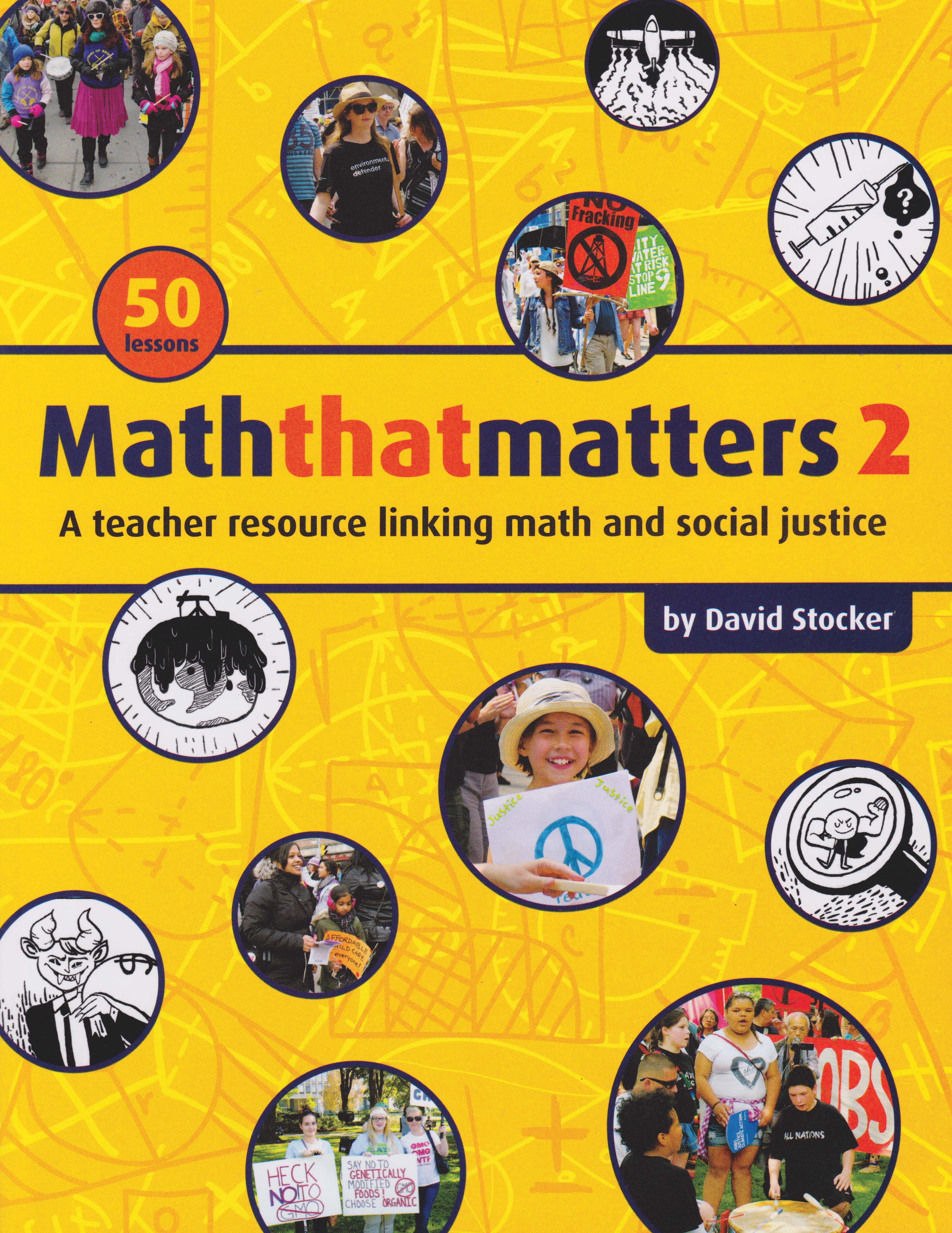 An image of a book cover of "Maththatmatters 2." The cover contains photos of people walking with signs.