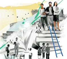 An illustration of three Ontario Certified Teachers standing on a stack of giant books. At the bottom is a classroom scene with a teacher and young students.