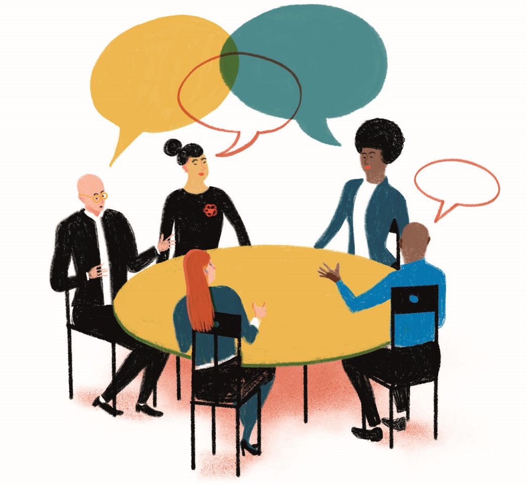 Illustration of five people sitting around a round table and talking.