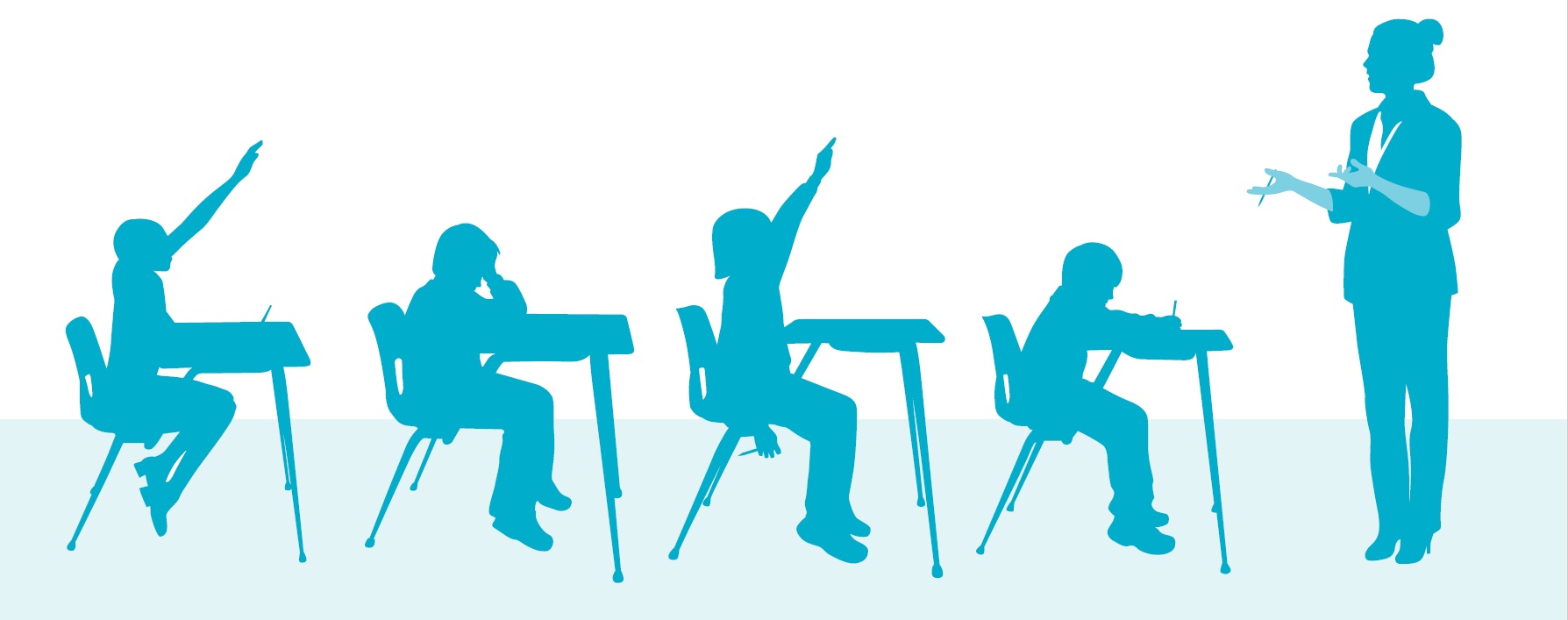 Illustration of a teacher standing in front of four students, each sitting at individual desks. Two students are raising their hands to answer a question.