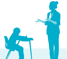 Illustration of a teacher standing in front of four students, each sitting at individual desks. Two students are raising their hands to answer a question.