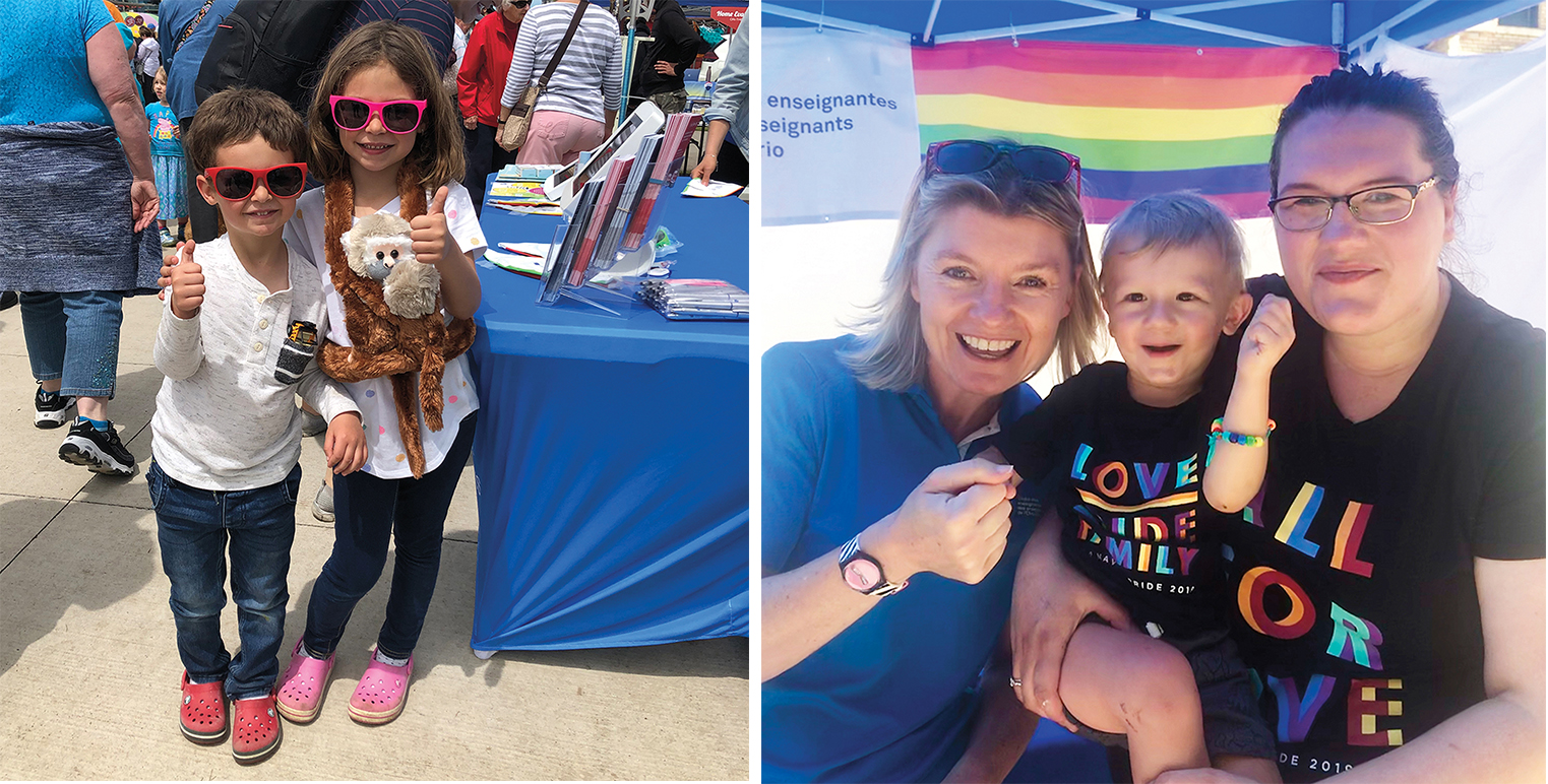 Photo of two children wearing sunglasses and giving the 'thumbs up' and a photo of two people smiling with a smiling child in the middle. In the background is a flag with horizontal rainbow stripes.