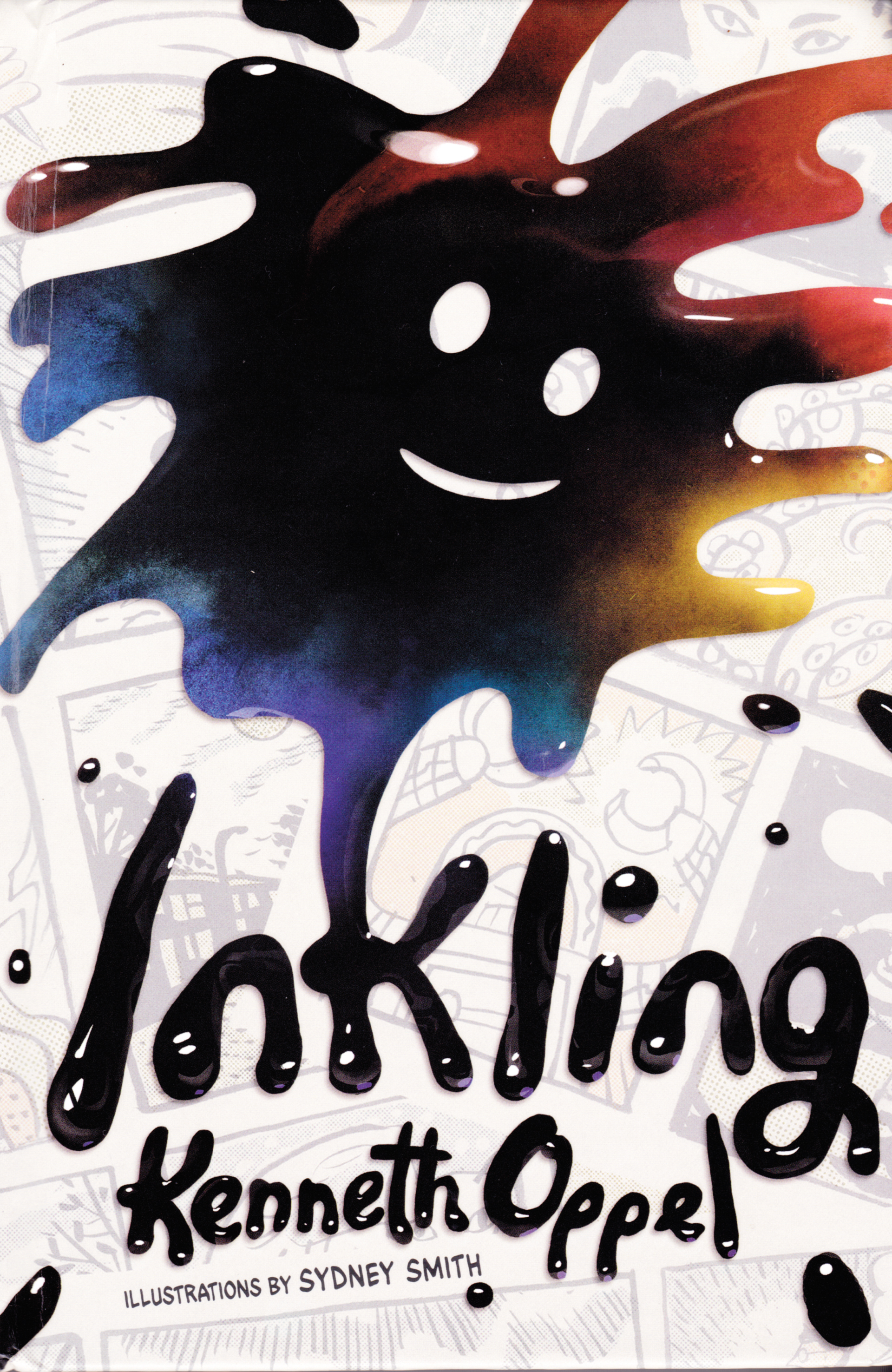 Book cover of 'Inkling.' The cover is a colourful ink blot with a happy face.