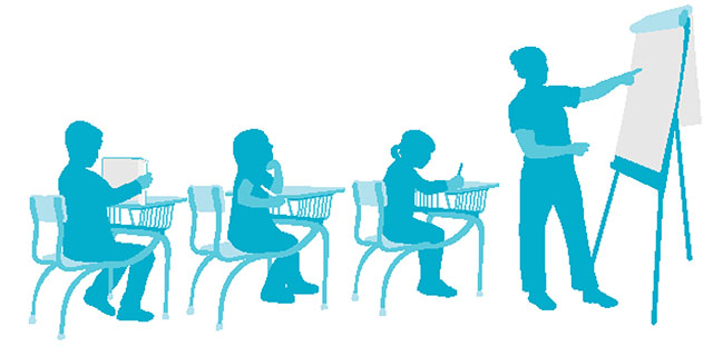 Illustration of a teacher pointing to an easel. Three students sit in classroom desks behind the teacher.