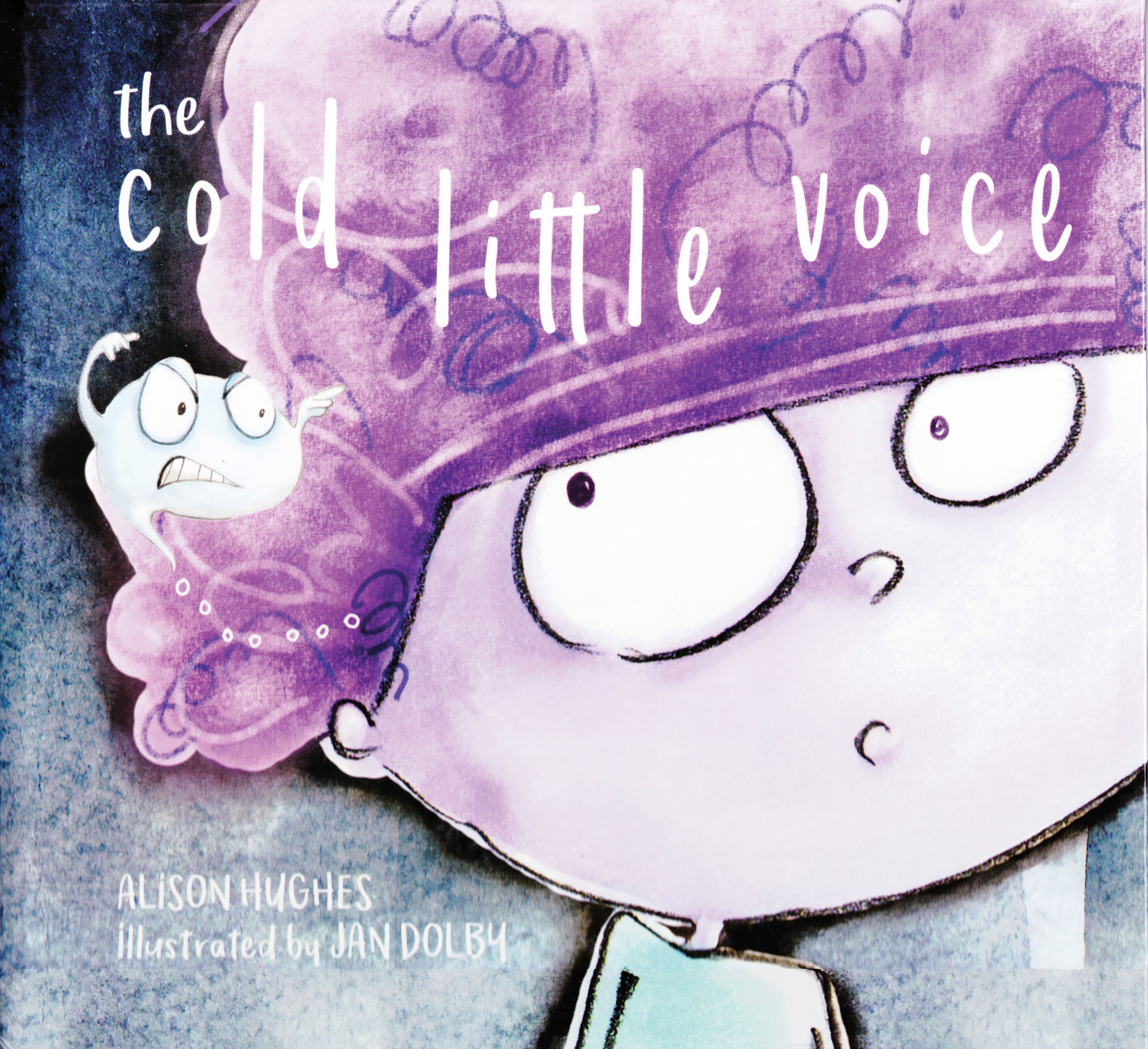 Photo of a book cover for 'The Cold Little Voice.' The cover is an illustration of a little creature on a person's head.