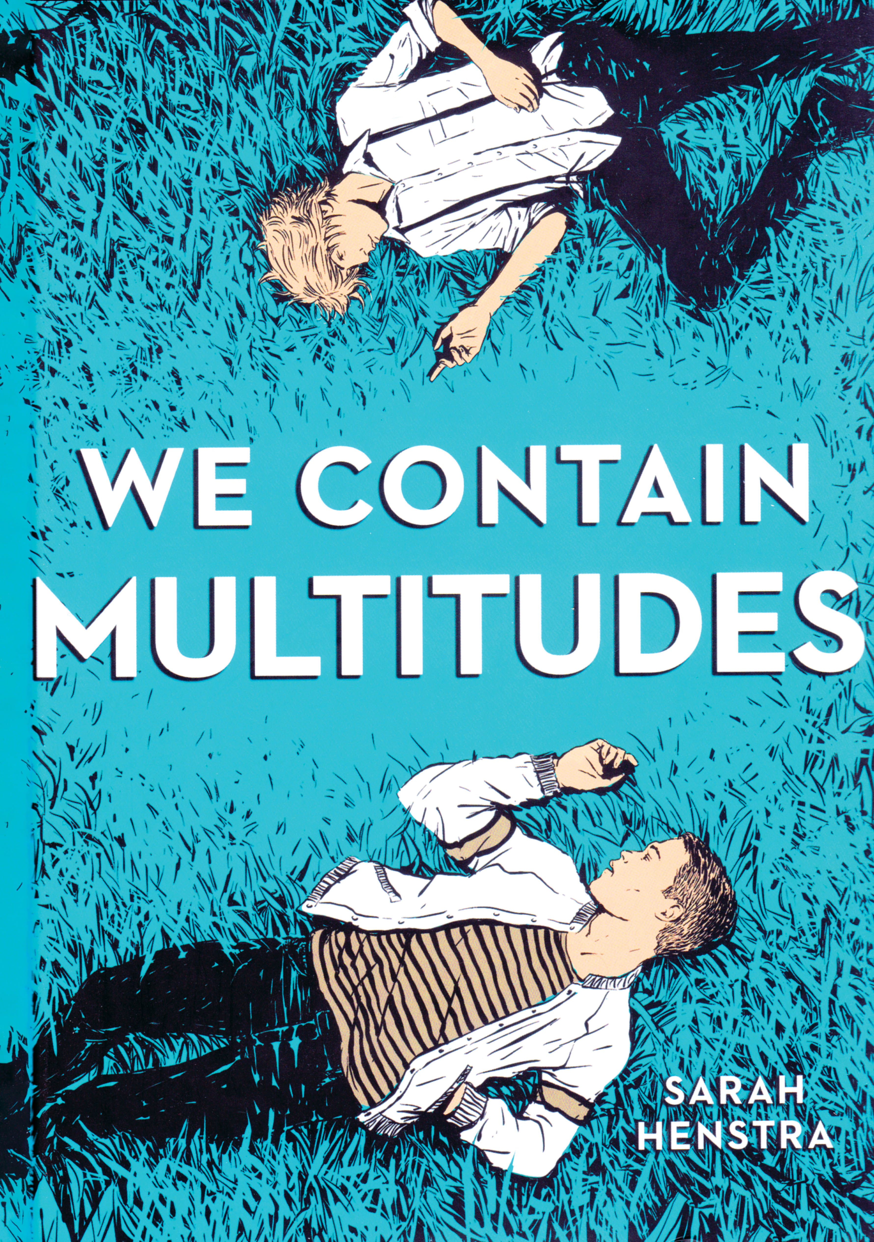 Photo of a book cover of 'We Contain Multitudes.' The cover is an illlustration of two people lying on their backs on the ground.