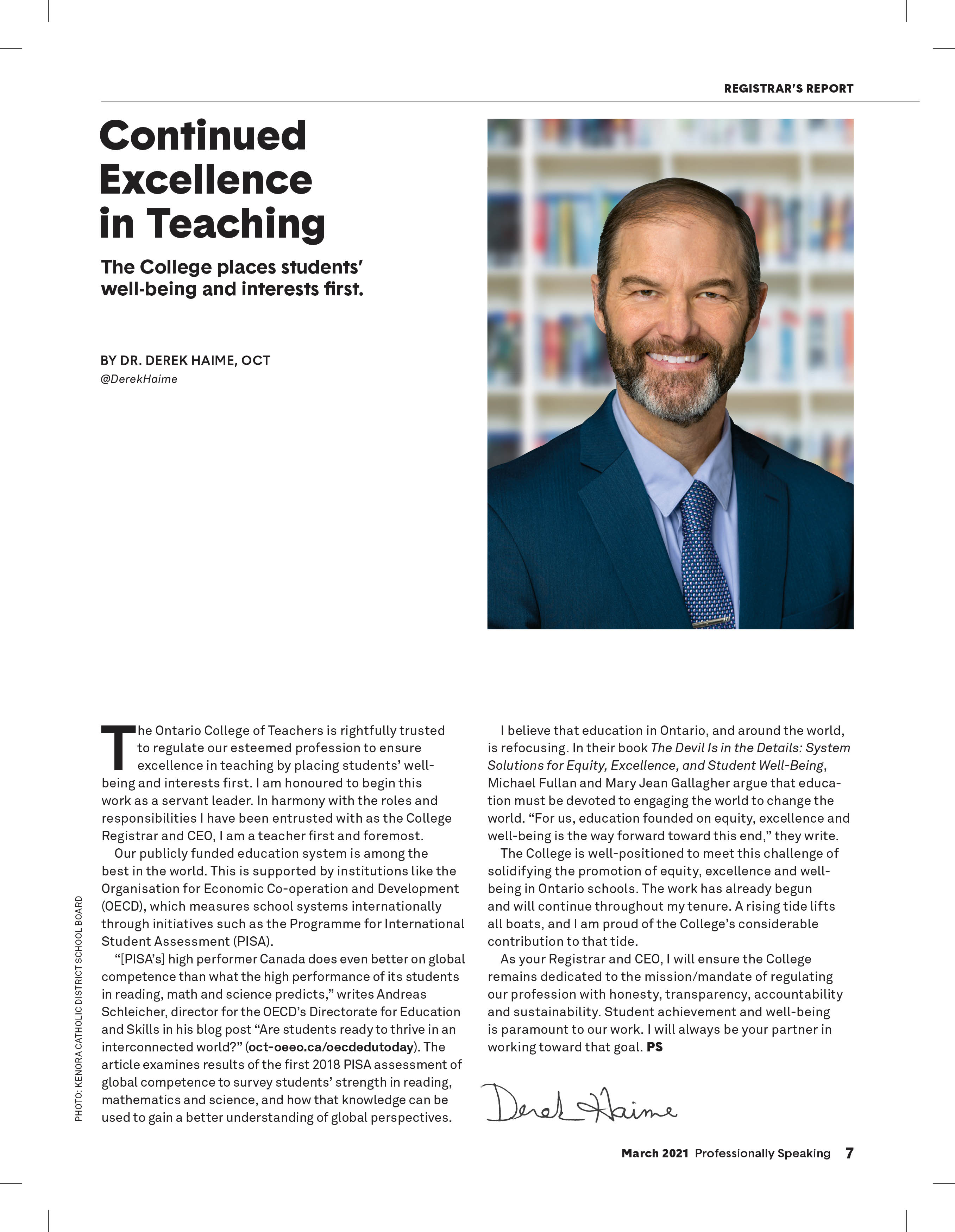 'Continued Excellence in Teacher' article by Dr. Derek Haime, OCT.