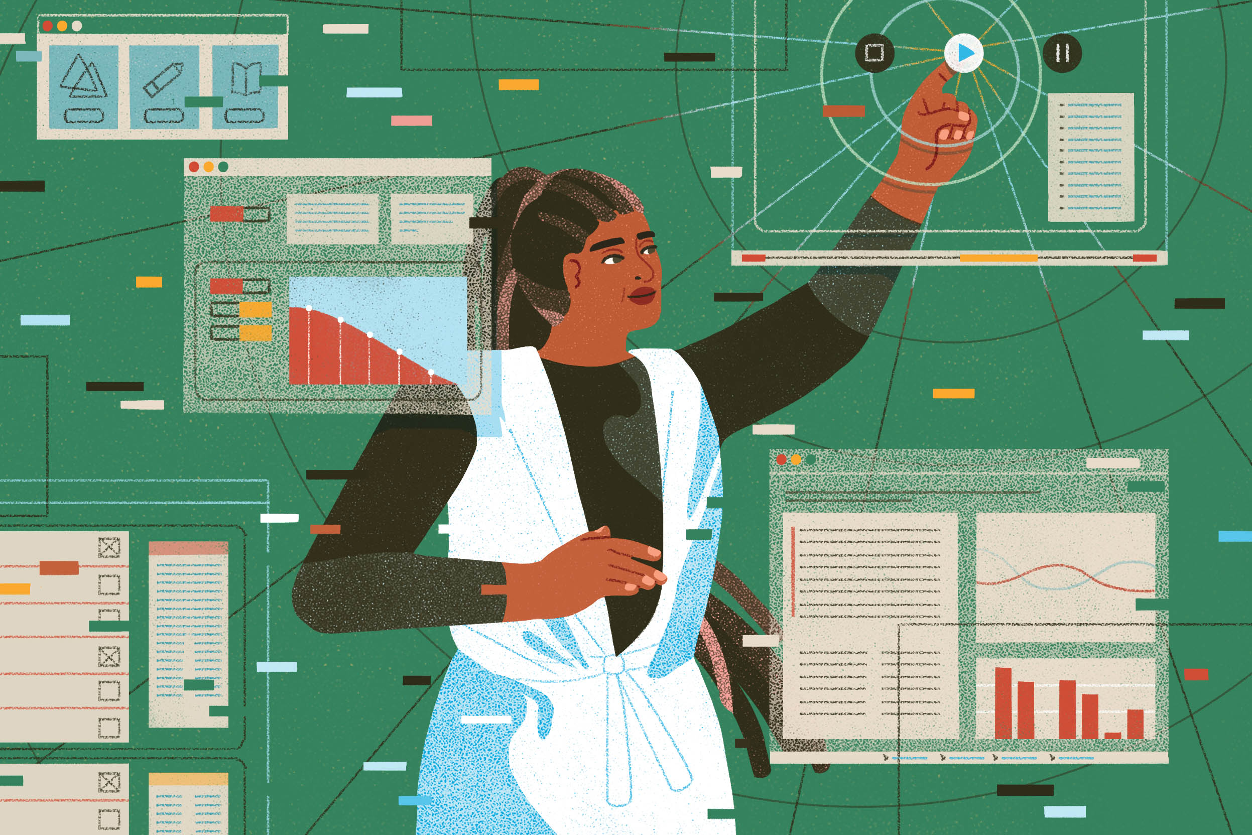 Illustration of someone navigating new tech platforms and digital media.