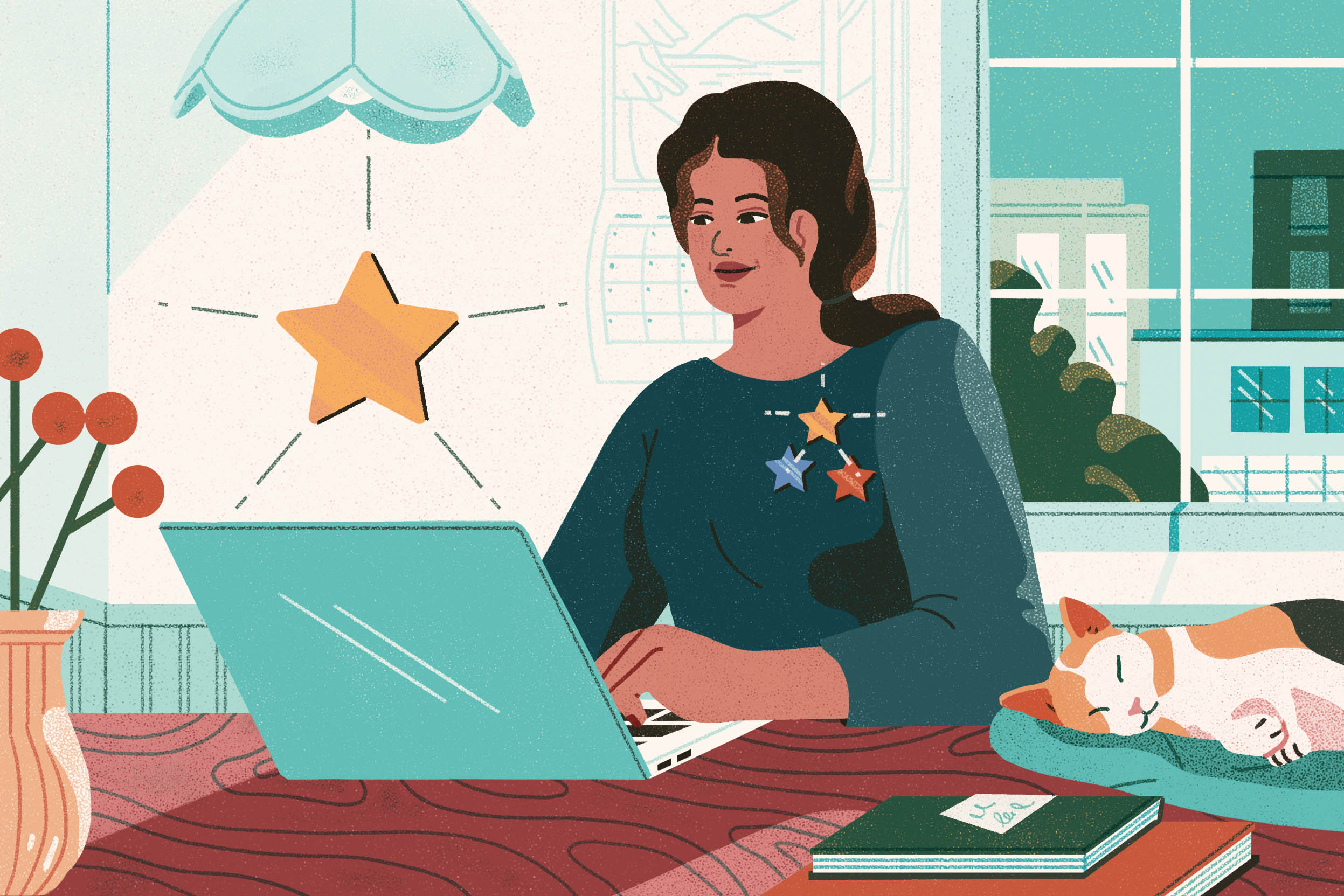 Illustration of a person on a laptop.