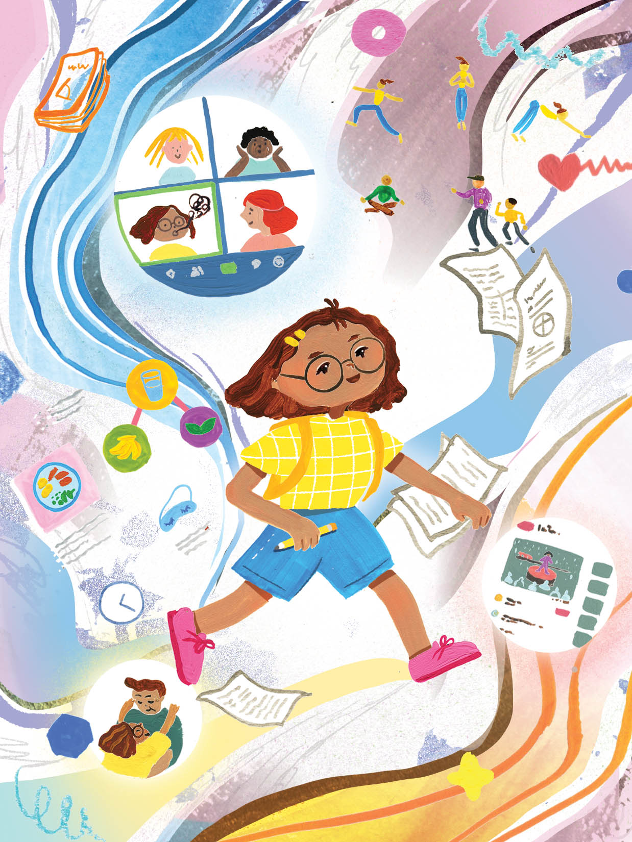 An abstract illustration of a student walking through a swirl of activities.