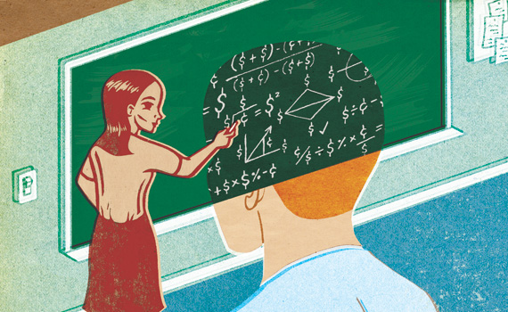 cartoon image of teacher at a blackboard with the blackboard being the student brain