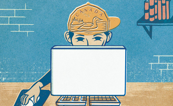 carton image of student at computer with a backwards baseball caps that is a loonie.